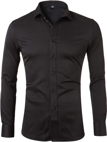 Mens Fiber Casual Button up Slim Fit Collared Formal Shirts, Black Button down Shirt
