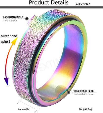 Anxiety Ring for Women Men Fidget Rings - 6Mm 8Mm Stainless Steel Spinner Rings for Anxiety Relief Items for Women Silver Rose Gold Rainbow Sandblast Glitter Finish