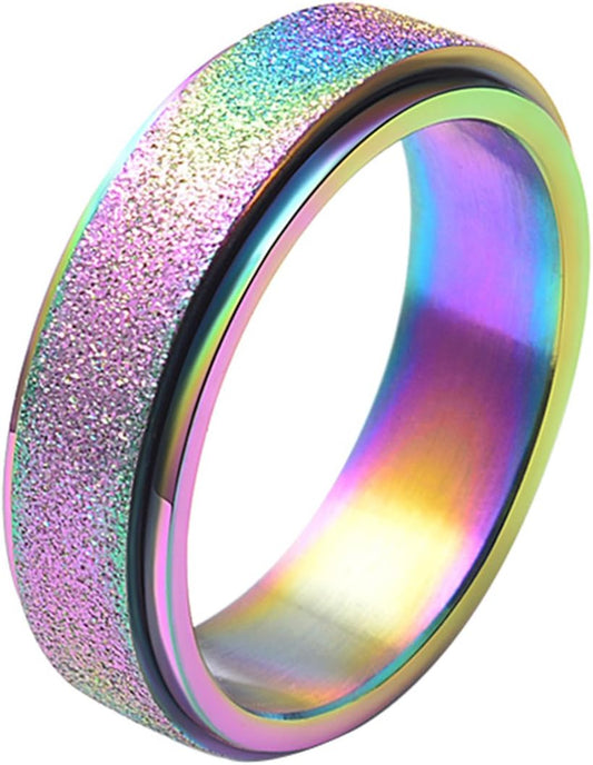 Anxiety Ring for Women Men Fidget Rings - 6Mm 8Mm Stainless Steel Spinner Rings for Anxiety Relief Items for Women Silver Rose Gold Rainbow Sandblast Glitter Finish