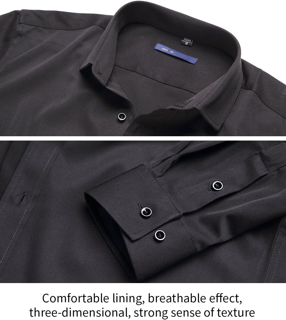 Mens Fiber Casual Button up Slim Fit Collared Formal Shirts, Black Button down Shirt