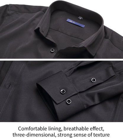 Mens Fiber Casual Button up Slim Fit Collared Formal Shirts, Black Button down Shirt